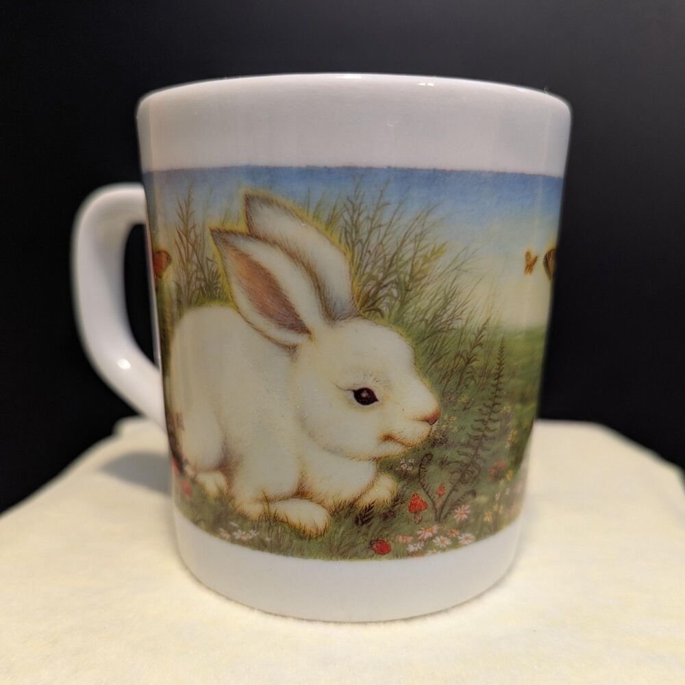 Rare Vintage Pozzani - Brazil 8oz Bunny Mug - Easter Butterfly Rabbit Coffee Cup - Picture 3 of 16